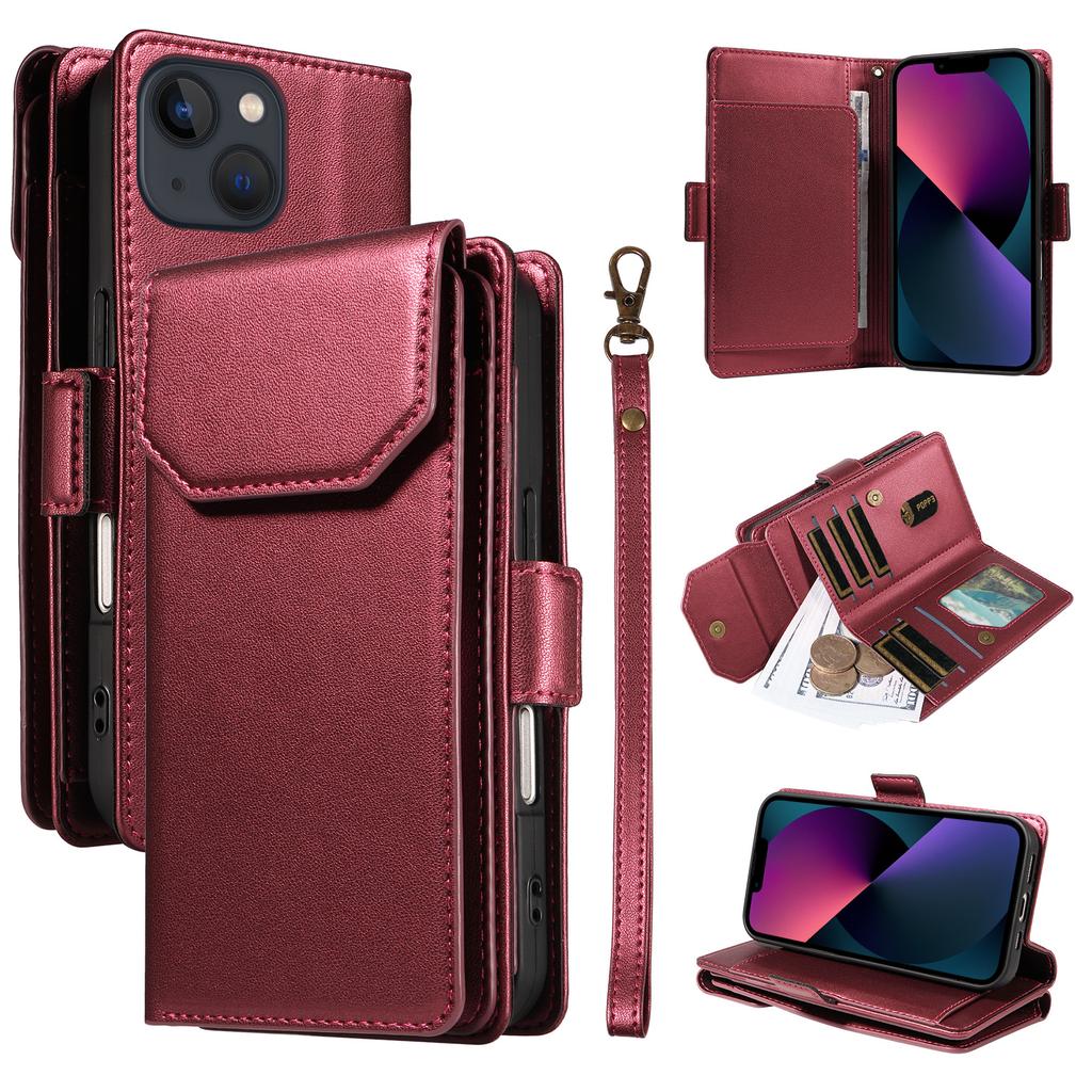 For iPhone 14 Plus Case with Multi-Card Holder and Strap PU Leather Phone Cover Stand