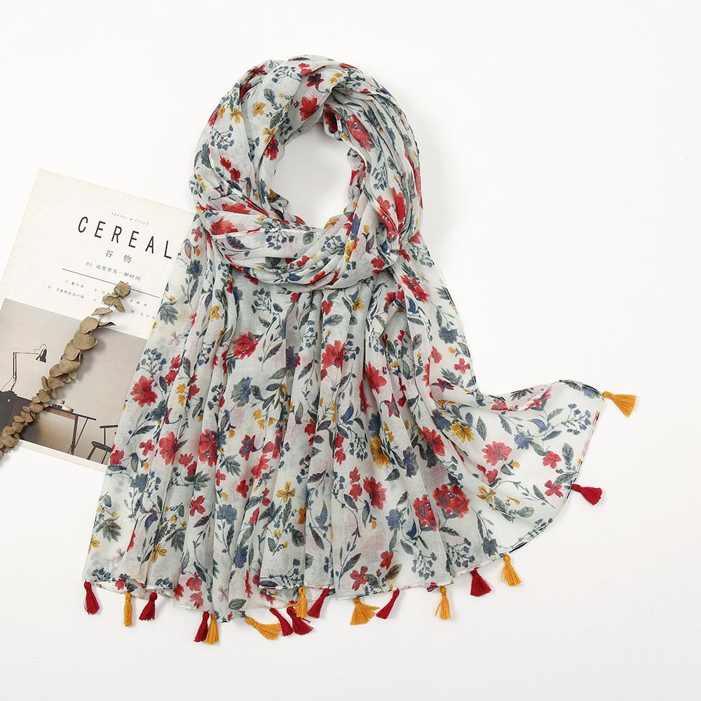 Fresh Printed Cotton and Linen Feel Tassel Scarf Shawl for Summer Ladies Long Scarf Travel Beautiful Long Silk Scarf