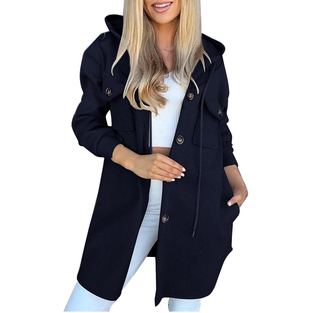 Женская свободная повседневная однотонная куртка с капюшоном, модная куртка на пуговицах