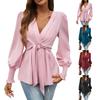 Женский однотонный элегантный топ-рубашка с V-образным вырезом и поясом на талии