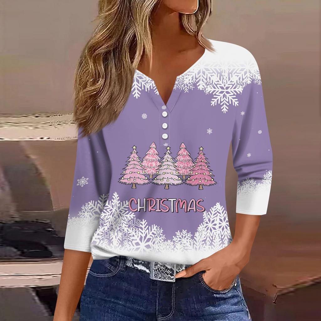 Women's T Shirt Tee Print Button 3/4 Sleeve Daily Weekend Fashion Basic V- Neck Regular Top