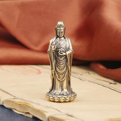 Винтажная латунная скульптура Гуаньинь из Наньхая, Будда, портативная статуэтка Бодхисаттвы, бронзовая, религиозное подношение, божество, старая