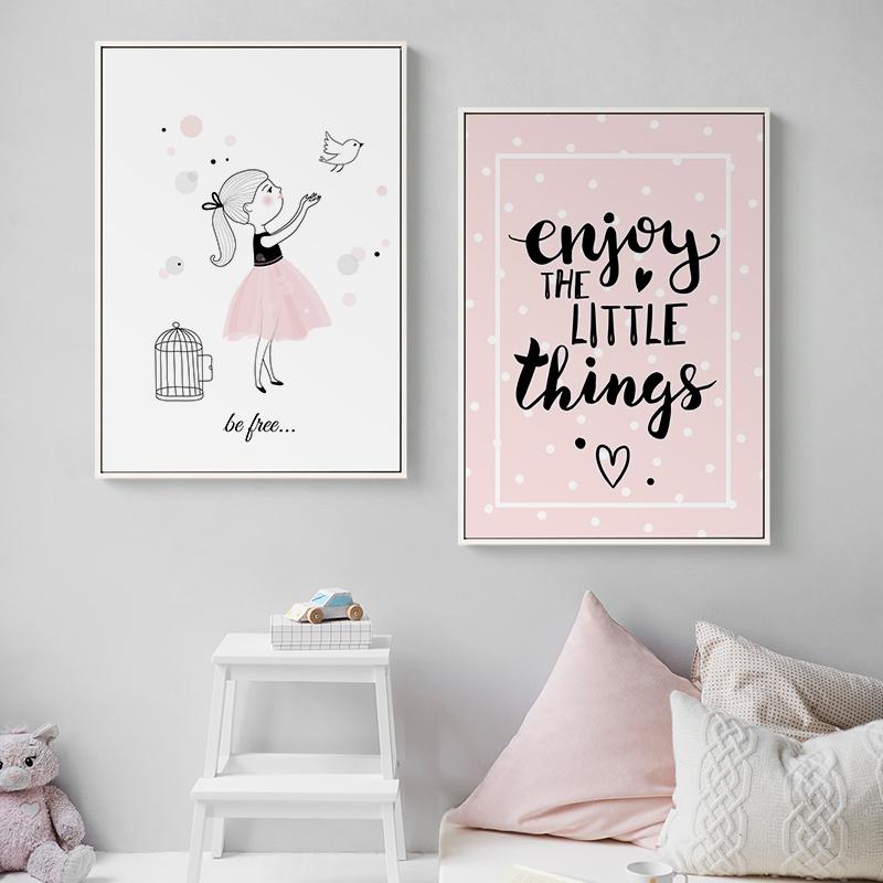 Розовый мультяшный холст для девочек, холст, постер, птицы, детская настенная живопись, постеры на скандинавскую тему и принты, настенные панно для детей, декор для детской спальни