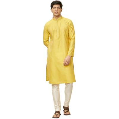 Мужской набор Kurta Pyjama Manyavar горчичного цвета из смешанной вискозы с самобытным дизайном (M)