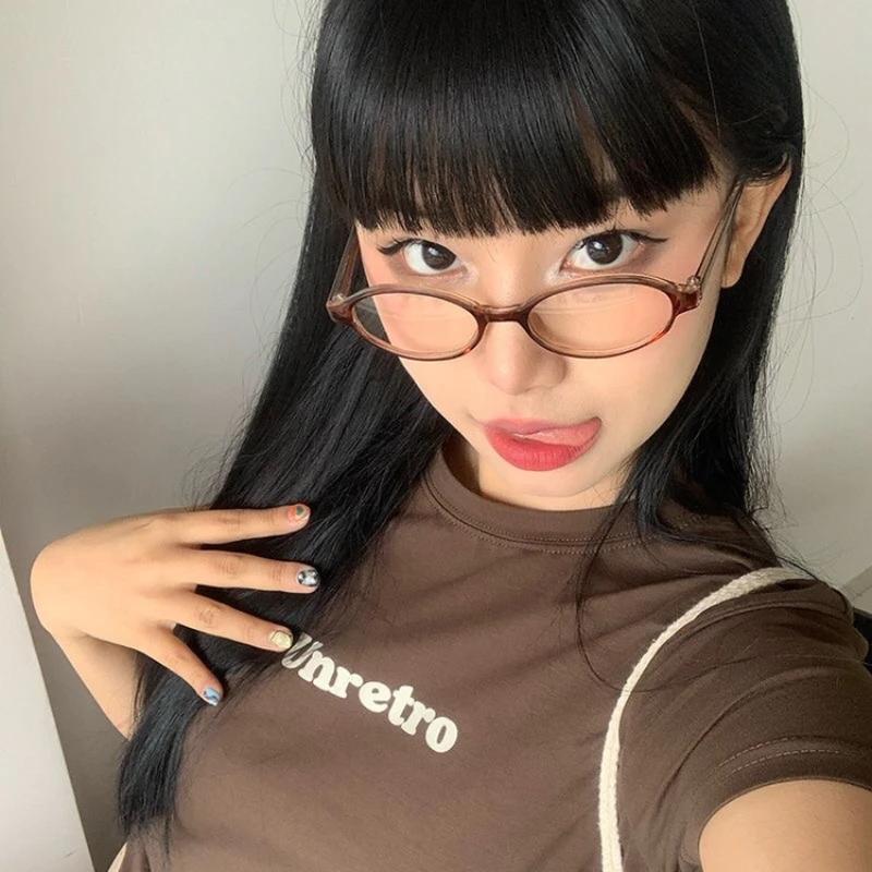 Овальные очки в стиле ретро для женщин и девочек Y2K, красно-зеленая оправа, стеклянные очки, декоративные компьютерные анти-синие очки с вождением на море