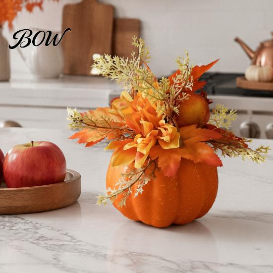 Halloween Table Decor Fall Pumpkin Ornament, Artificial Foam with Flower, Maple Indoor Holiday Accents Leaves, Berry for Autumn Harvest Thanksgiving