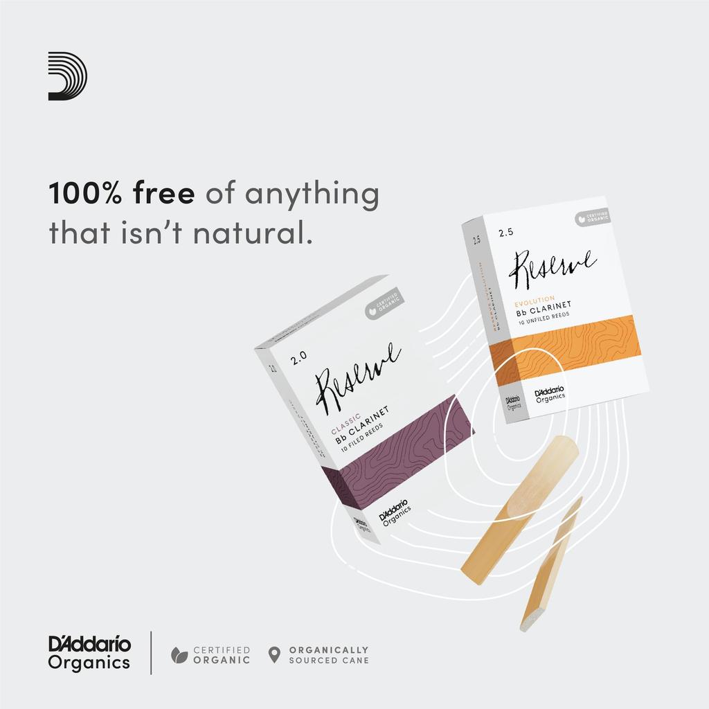 WoodWinds Reeds for Bb USDA Organic Reserve ODCT0320 Pack of 3 D'Addario D'Addario Clarinet, Certified, Classic, [Hardness 2.0],