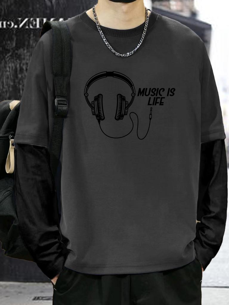 Men's Long-sleeved T-shirts - Headphones MUSIC Printed & Crewneck Color Matching Fake Two Casual Loose Tee Tops Alternative Clothing