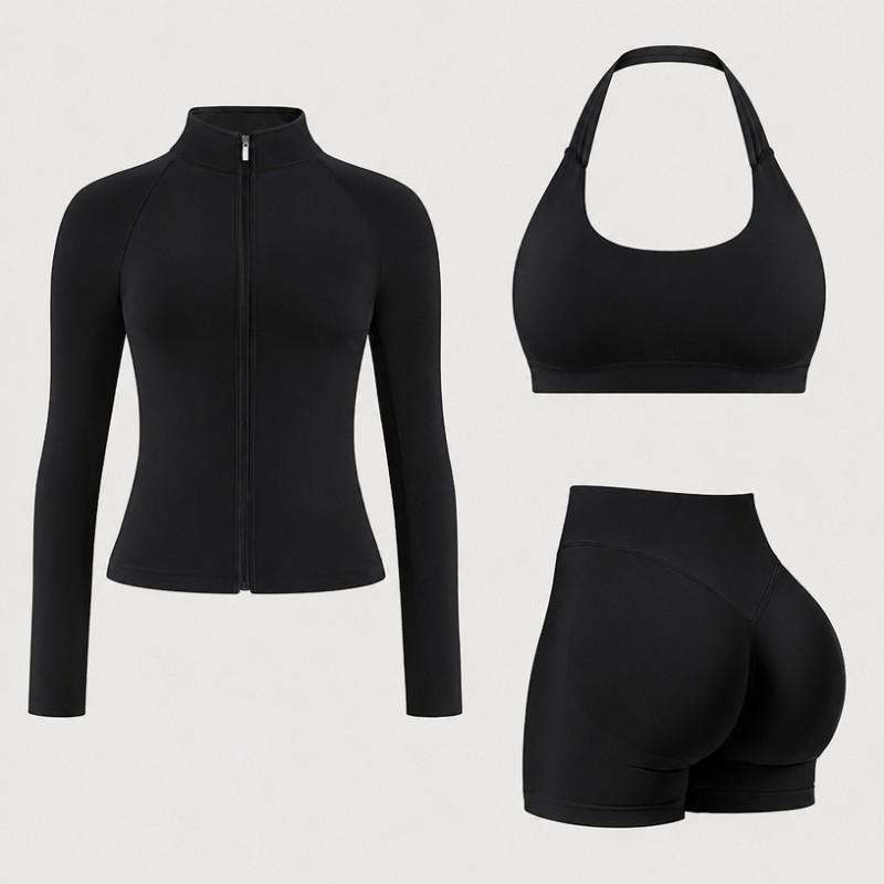Womens 3-Piece Yoga Set: High-Support Sports Bra Legging Shorts Lightweight Jacket Gym Fitness Workout