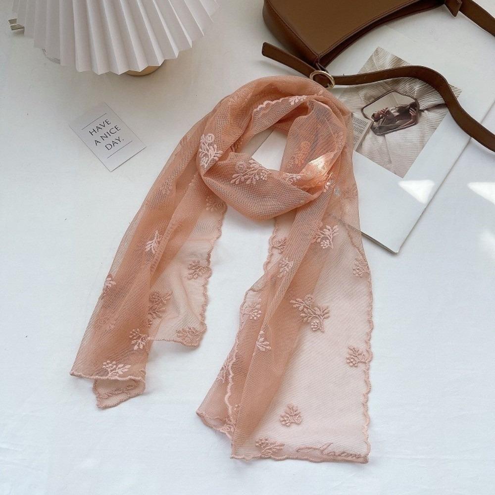 Literary Retro Women's Lace Scarf Solid Color Long Silk Scarf Floating Embroidery Flower Korean Version Sunscreen Shawl