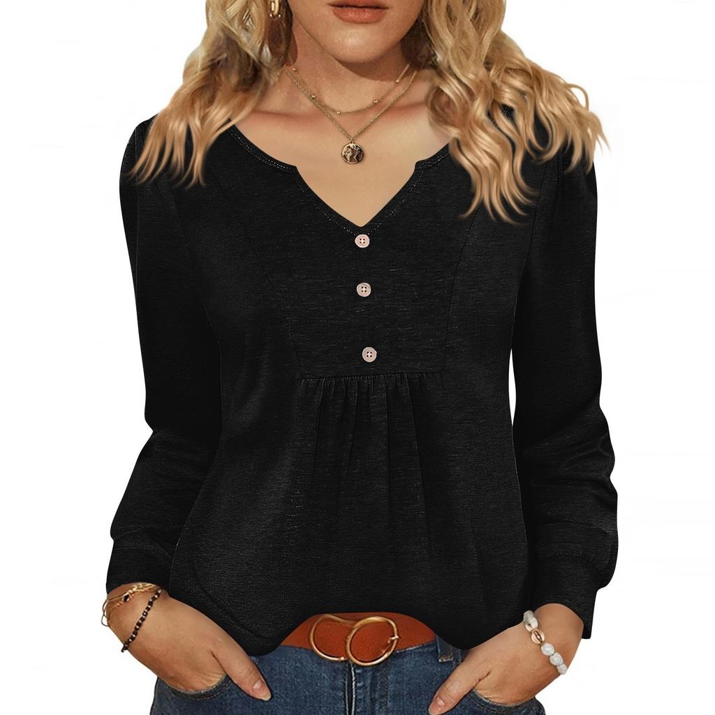 Women's Fashionable Casual V-neck Blouse Button Long-sleeved Pullover T-shirt Top