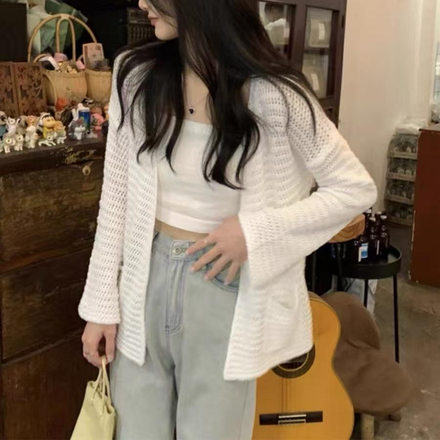 Летний женский тонкий ажурный кардиган с карманами, вязаный, верхняя одежда, нишевый дизайн, горячая девушка, солнцезащитная шаль, топ, пальто