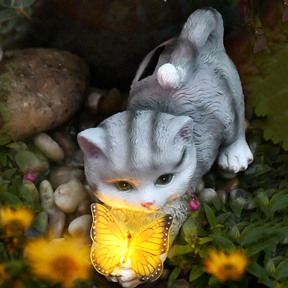 Cute Cat and Butterfly Figurine Housewarming Gift Cat Solar Garden Statue Solar Garden Statue Cat for Mom Grandma Lawn Ornament