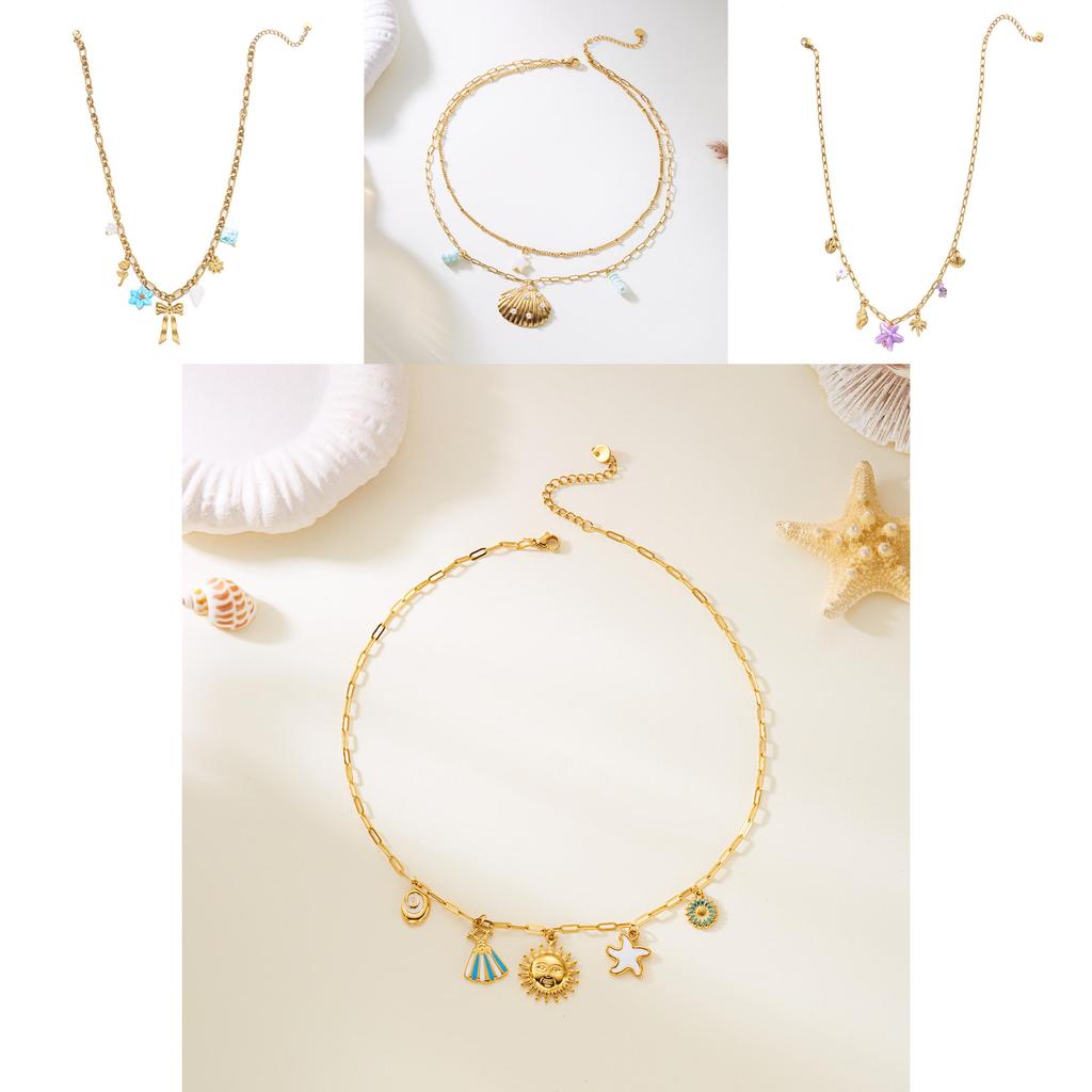 Summer Vacation Style Multilayer Stainless Steel Butterfly Sun Pendant Necklace For Women