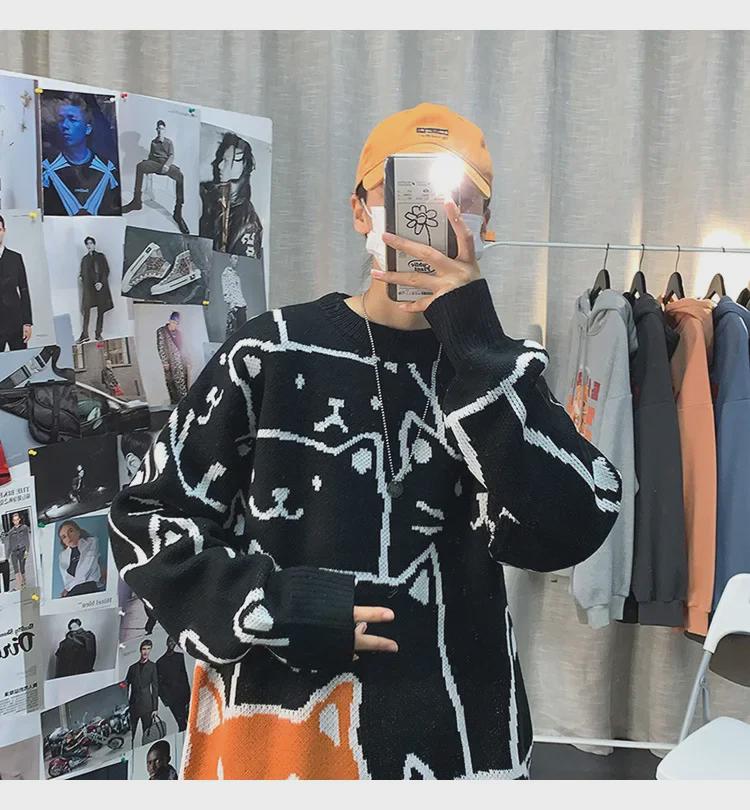 Мужской модный свитер в гонконгском стиле с рисунком - свободный крой, круглая горловина, осенне-зимняя трикотажная мода для студентов