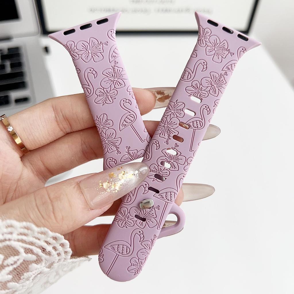 Силиконовый резной цветок фламинго, подходящий для часов Apple Watch, ремешок Apple Watch для iWatch, спортивный рельефный ремешок