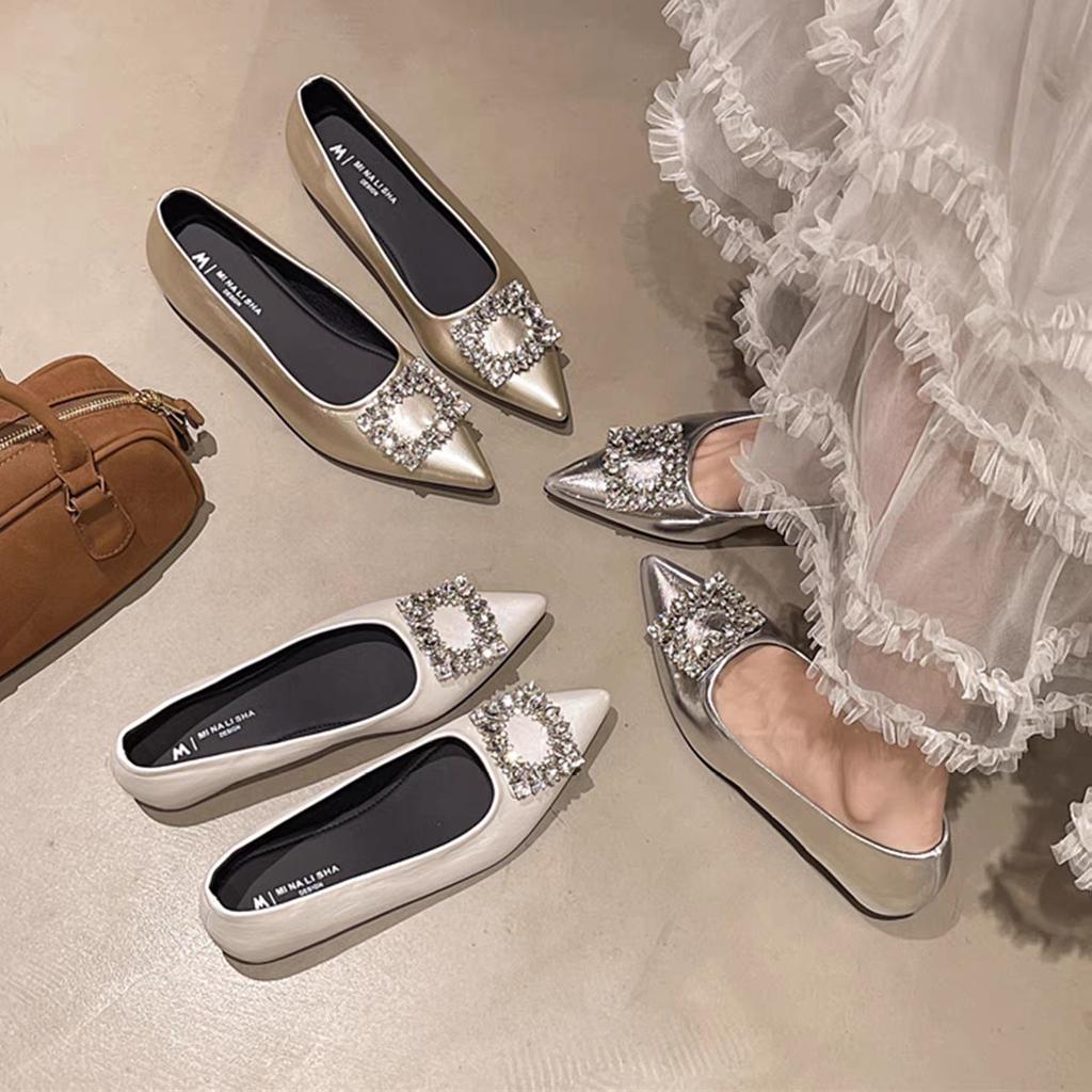 French Fairy Style with Skirt Versatile Shallow Mouth Single Shoes 2025 New Temperament Pointed Rhinestone Square Buckle Commuter Ladyshoes