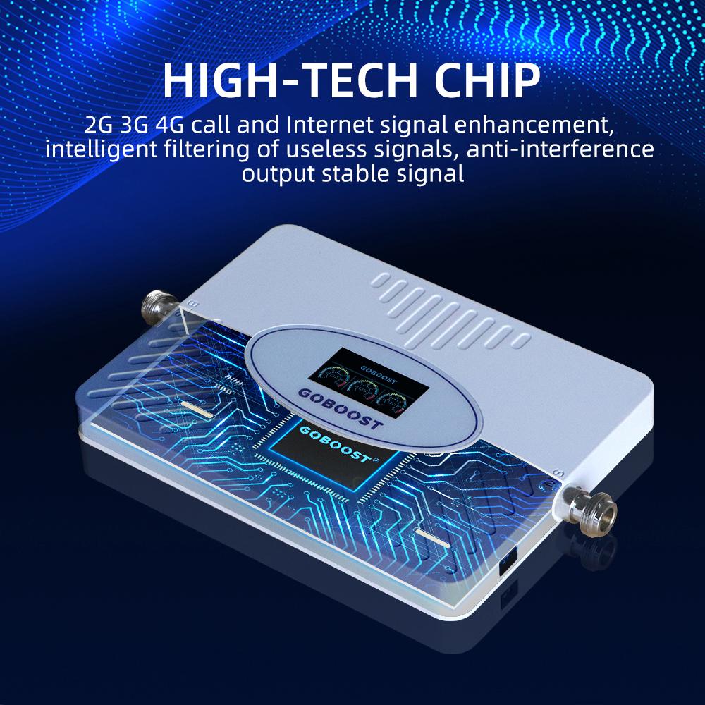 GOBOOST Новый модернизированный трехдиапазонный усилитель сигнала с высоким коэффициентом усиления 70 дБ 2G + 3G + 4G Усилитель сотовой связи 850 900 1800 2100 МГц Ретранслятор мобильной сети с комплектом антенны