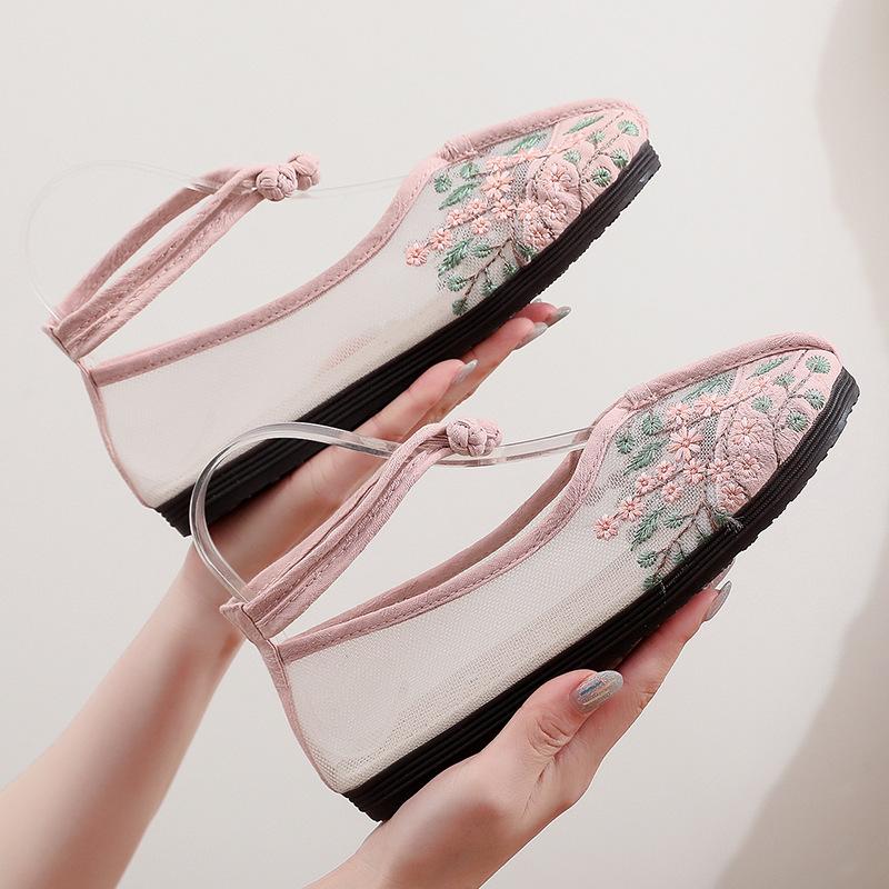 Fashion Fashion Handmade Embroidered Flowers Flats Summer Mesh Breathable Designer Shoes Elegant and Comfortable Non-slip Mary Jane Shoe