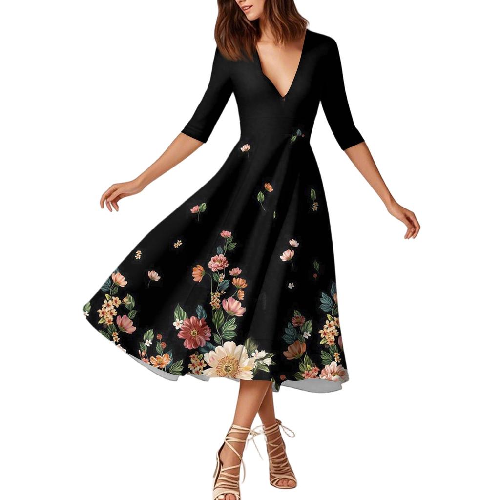 Модное платье средней длины с рукавами средней длины, цветочным принтом и сексуальным V-образным вырезом