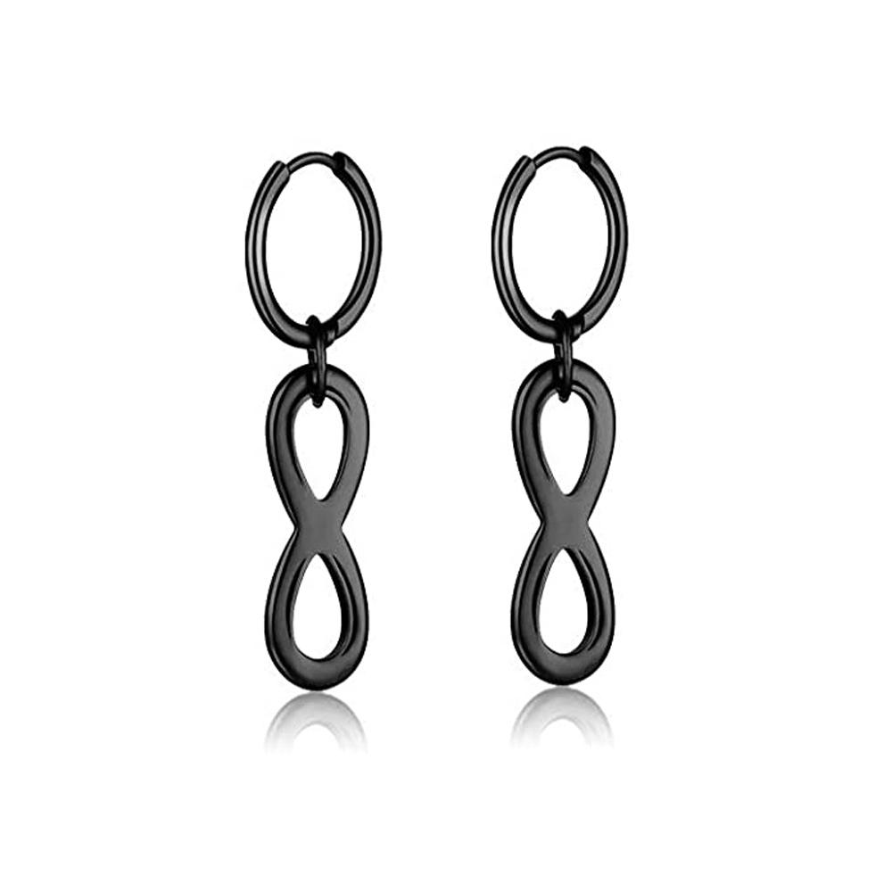 2pcs/set Black Or Silvery Unisex Punk Stainless Steel Cross Cone Feather Chain Pendant Hoop Earrings Ear Stud Jewelry Set