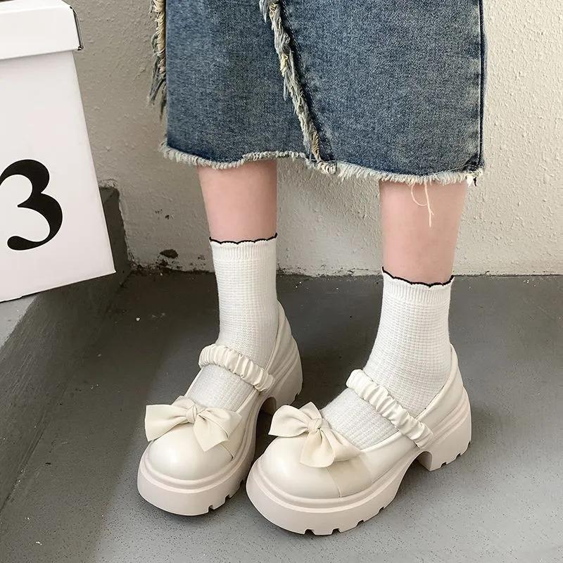 2024 New Fashion Buckle Women's Pumps Spring Autumn Mary Jane Round Toe Solid Butterfly Knot Platform Casual Ladies Shoes
