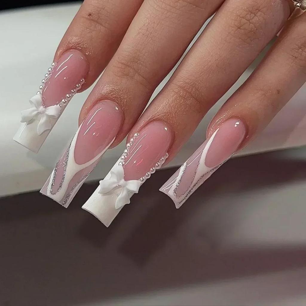 24Pcs White French Tip Long Ballet False Nails With Flower Rhinestones Reusable Full Cover Press On Nails