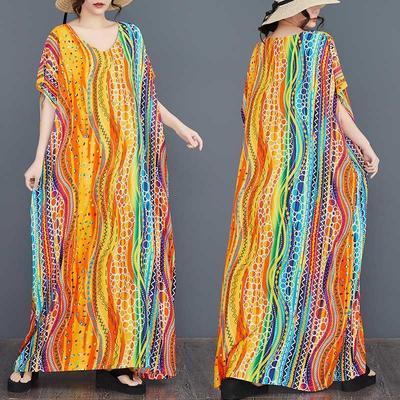 Реальное наличие Европейское и американское хлопковое платье для отпуска с цветным принтом, свободное, с рукавами «летучая мышь», халат-блузка, платье большого размера