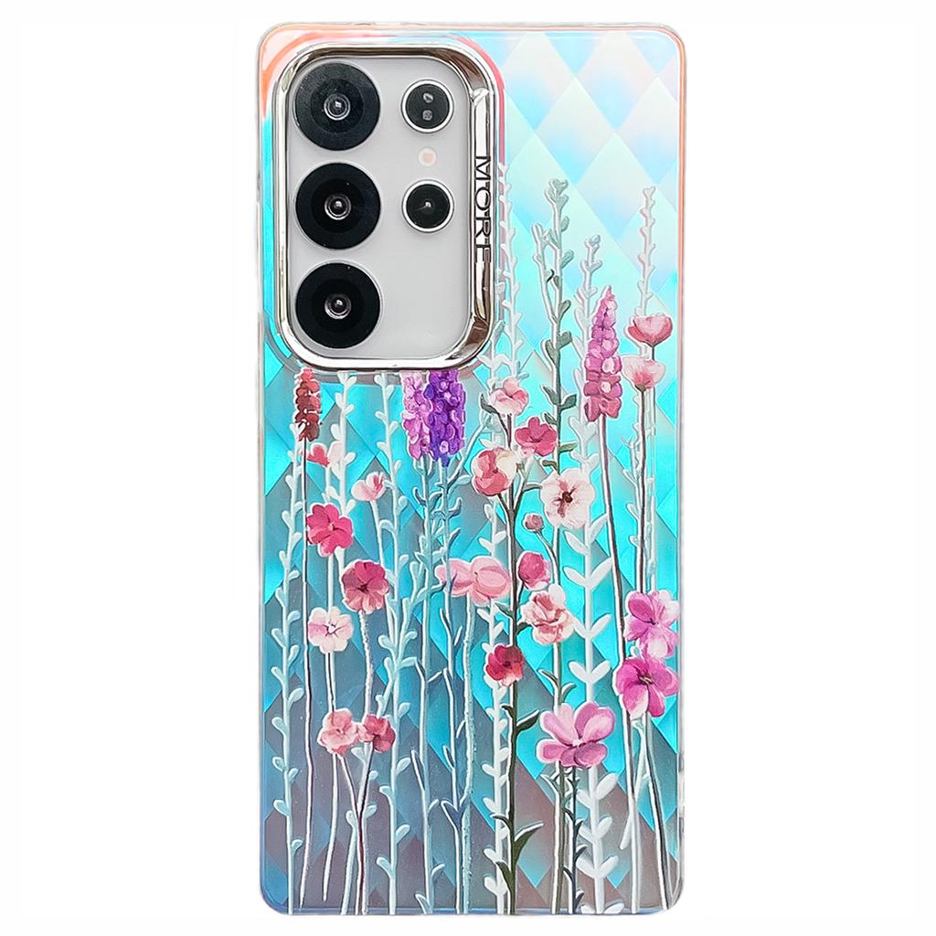 For Samsung Galaxy S24 Ultra Case Floral Pattern Electroplating Laser Texture TPU+PC Phone Back Cover