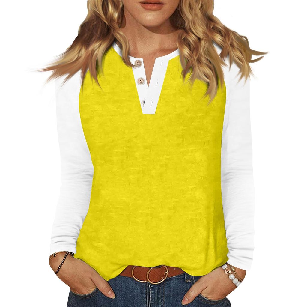 Женская футболка колор-блок на пуговицах с длинным рукавом, повседневная, для выходных, модная, базовая, с V-образным вырезом, обычная