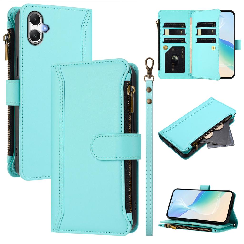 For Samsung Galaxy F05/Galaxy M05 4G/Galaxy A05 4G Leather Case 9 Card Slots Zipper Wallet Stand Phone Cover with Wrist Strap