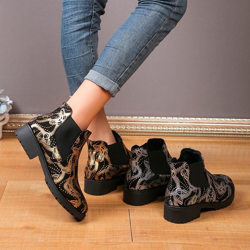 Зимние женские модные кожаные принтованные двойные слипоны на плоской подошве в стиле ретро, короткие ботильоны большого размера для женщин D90