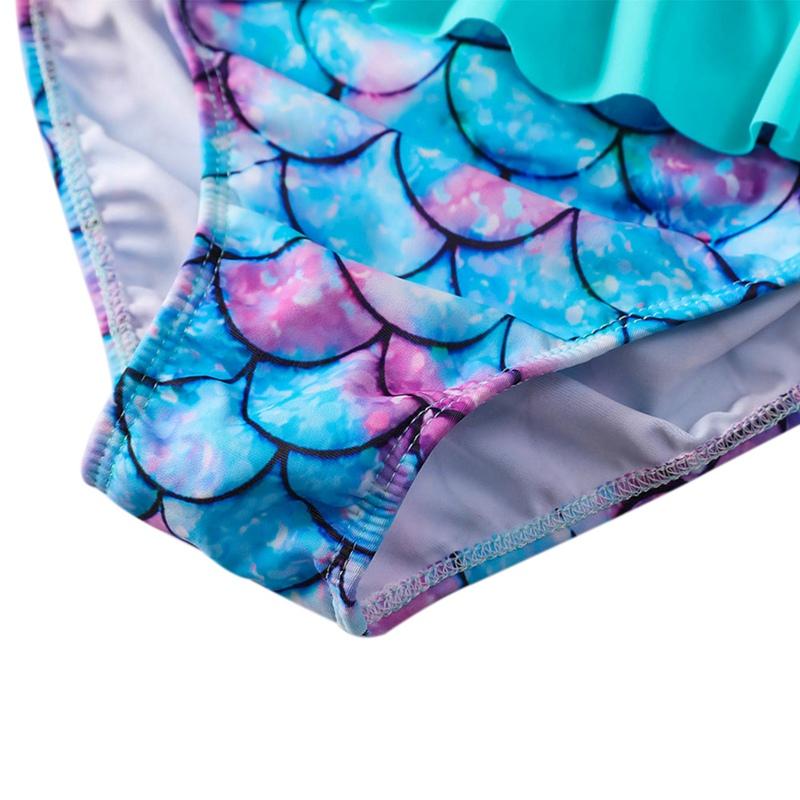 Girls' Two-Piece Split Swimsuit Sweet Long Sleeve Cartoon Fish Scale Print Pullover With Ruffle Briefs Swimwear Set Beach Wear