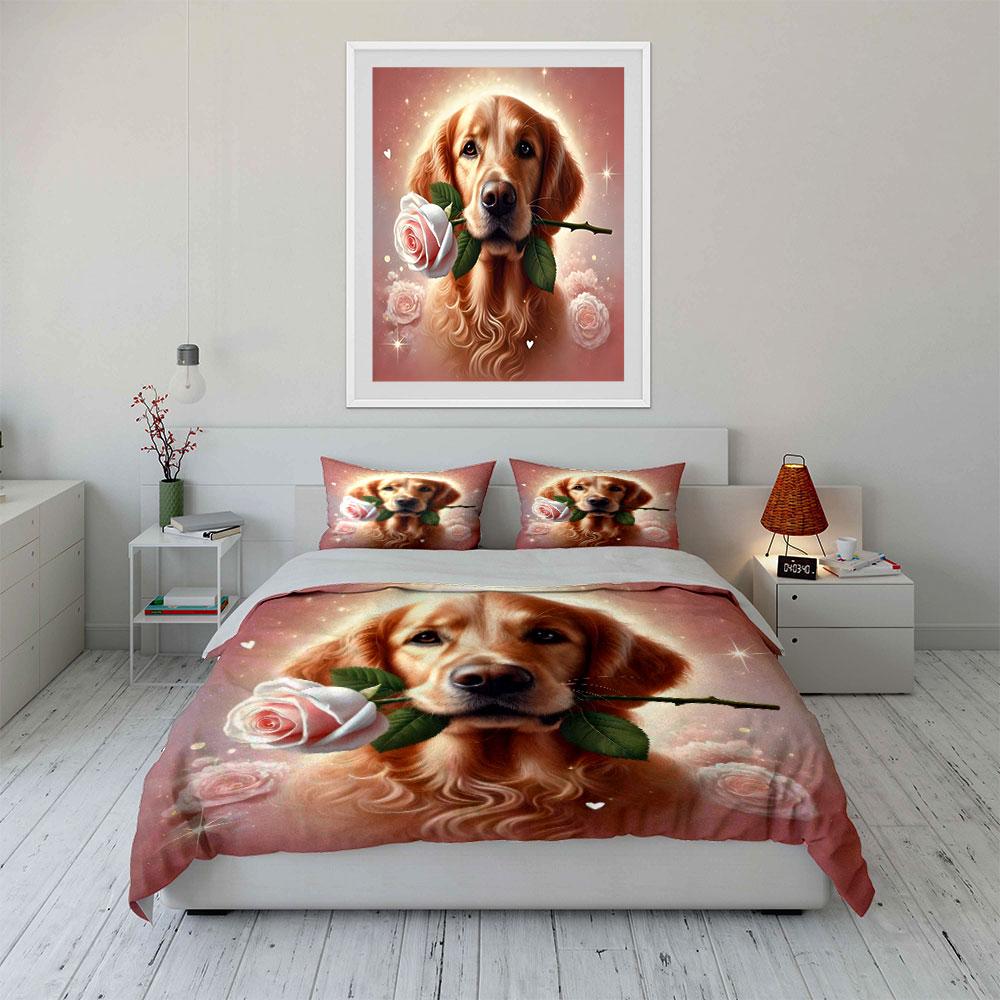 Golden Retriever with Rose Bedding Duvet Cover Set  (1*Duvet Cover 2*Pillowcases, without duvet insert)
