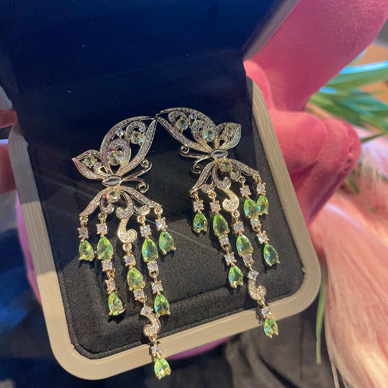 Серьги-бабочки с бахромой в виде капли воды, удлиненные серьги с цветным цирконием