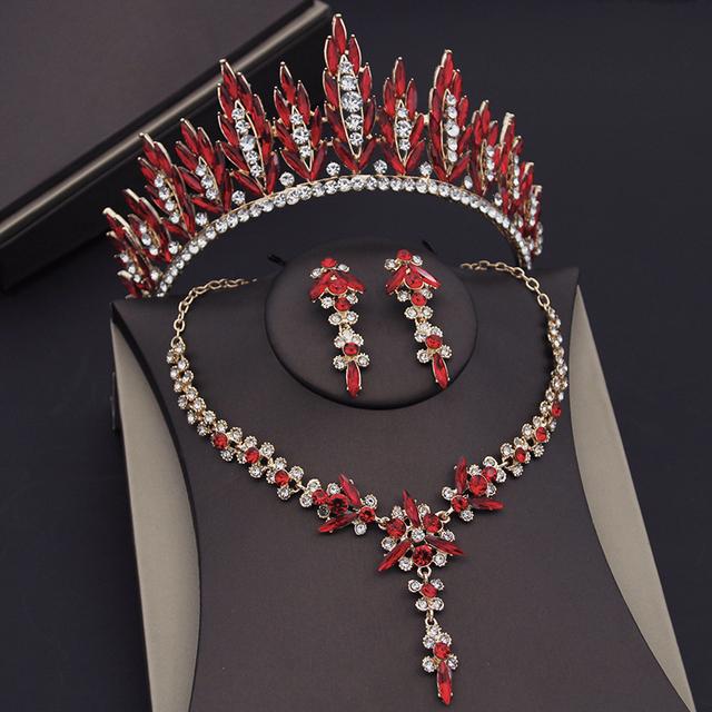 Роскошные красные хрустальные тиары, свадебные комплекты ювелирных изделий для женщин, выпускной, свадебные серьги, ожерелье, комплекты ювелирных изделий для невесты, корона