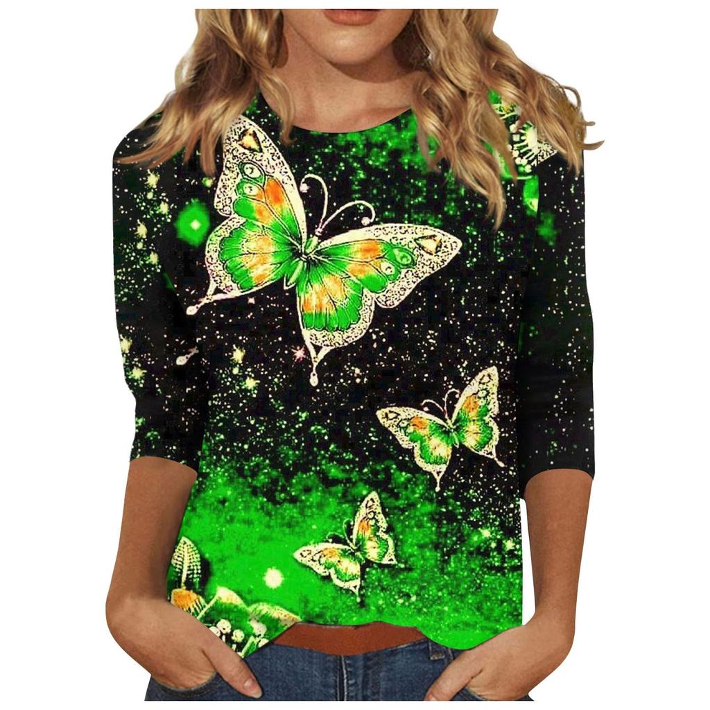 Круглый вырез с принтом в виде 3D-бабочки, модные повседневные женские футболки с длинными рукавами