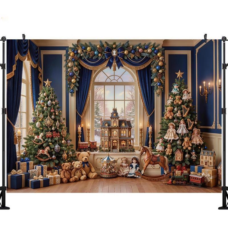 LS Christmas Window Trees Backdrops Kids Baby Photography Props Child Photocall Decors Fireplace Snowy Scene Backgrounds