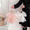 2025 Baby Girl Puff Sleeve Romper with Bow & Mesh Embroidery for First Birthday