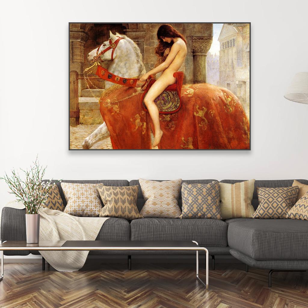 Леди Годива от Джона Коллиера, печать постеров, картина маслом, печать на холсте, сексуальная девушка, обнаженная на лошади, постер, винтажная картина на холсте
