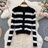 Autumn And Winter Korean Version Of The Collision Color Stripes Hollow Knitted Cardigan Plus Half-Body Skirt Two-Piece Set