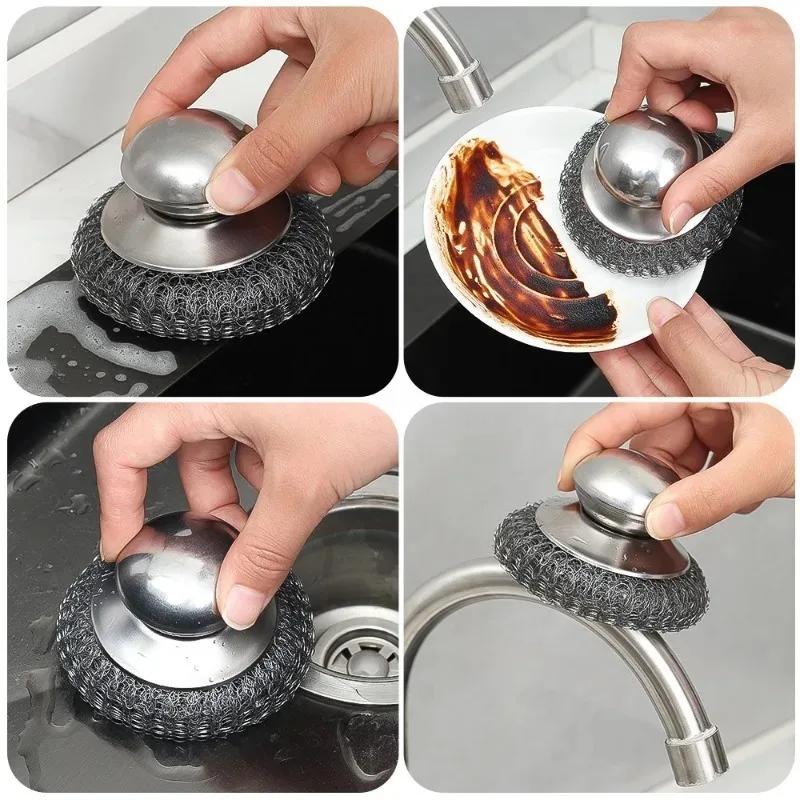 5/1Pcs Kitchen Stainless Steel Pot Brush with Handles Dishwashing Wire Ball Heavy Duty Scrubber Home Pot Pan Cleaning Tool