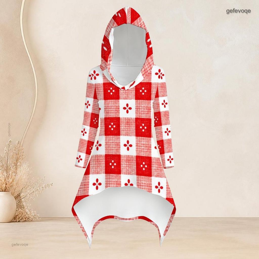 Women Plus Size Two Piece Set Hooded Long Sleeve Plaid Printed High Low Top And Fitted Pants