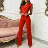 Women's Color Blocking Button V-neck Sleeveless Print Jumpsuit Rompers Business Wear