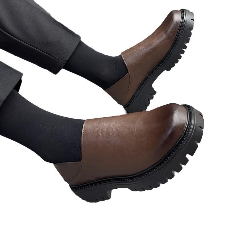 2025 Autumn and Winter New British Style Muffin Shoes Heightened Low-top Leather Shoes Retro British Men's Shoes One Pedal