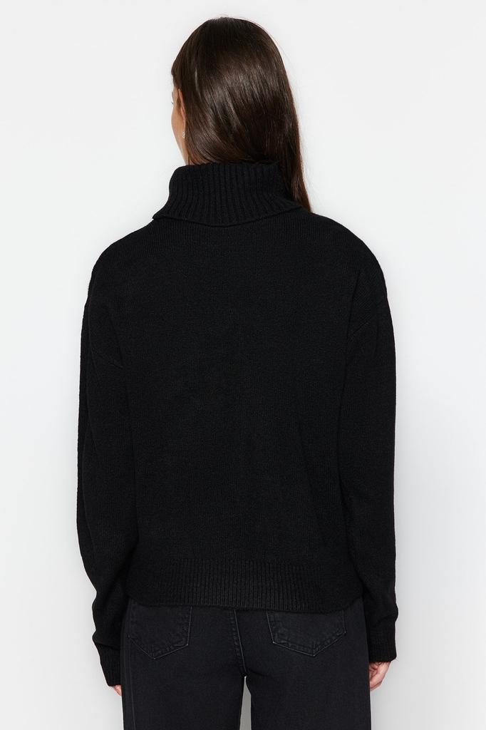 Women's Fashion Stylish Sweater Black Soft Textured Stone Detailed Turtleneck Knitwear Sweater