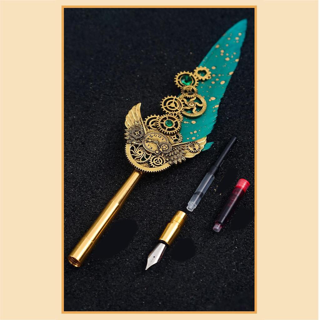 Quill Pen Ink Set, Calligraphy Feather Fountain Pen, Vintage Signature Pen with Replaceable Nibs/Ink Cartridges, Pen Holder, Seal, Bookmark