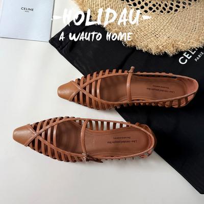 ~ 2025 весна/лето мода тонкий ремешок плетеные ажурные низкий каблук женские сандалии маленький квадратный носок ремешок сзади римские туфли