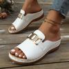 Women's Wide Width Solid Color Slides, Round Toe Chain Detail Mules, European Casual Sandals for Women
