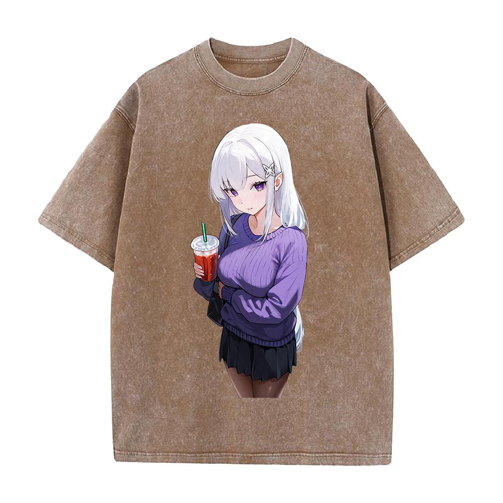 Аниме Re ZERO Начинаем жизнь с нуля Эмилия Одежда Мужчины Женщины Футболки Хлопковая футболка с эффектом потертости Ретро футболка Футболка в стиле Харадзюку